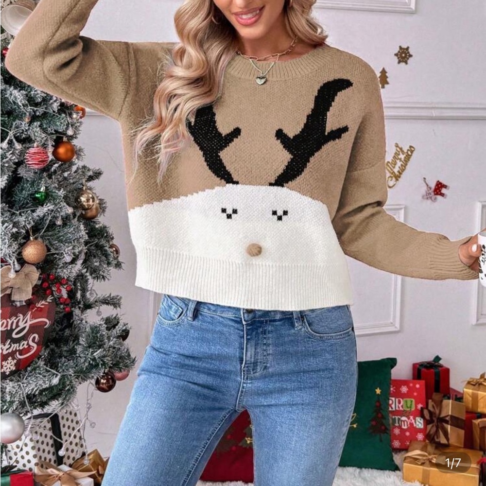 Women's Reindeer Sweater - Tan and White